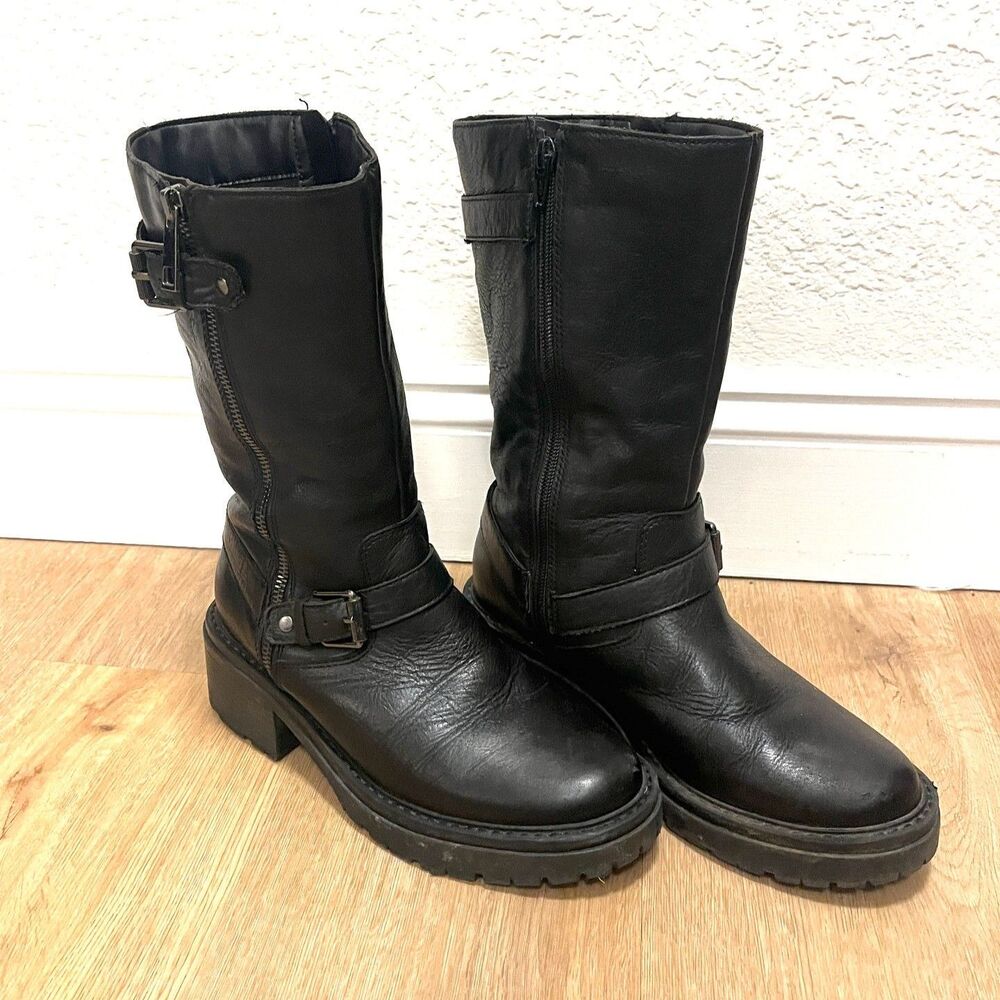 Naturalizer Jagger Black Leather Moto Boots Womens 7.5W Mid Calf Zip